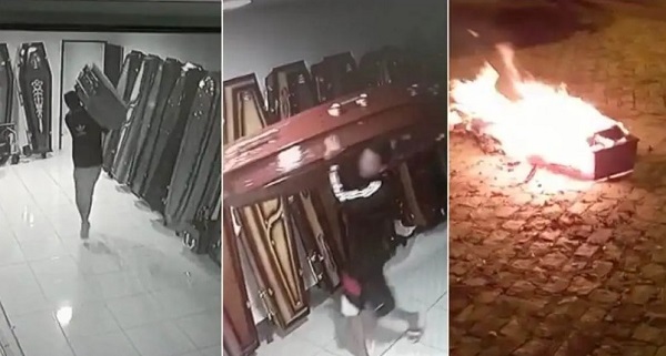 VÍDEO: Homem invade funerária no Sertão da Paraíba, leva caixão para frente de cemitério e ateia fogo