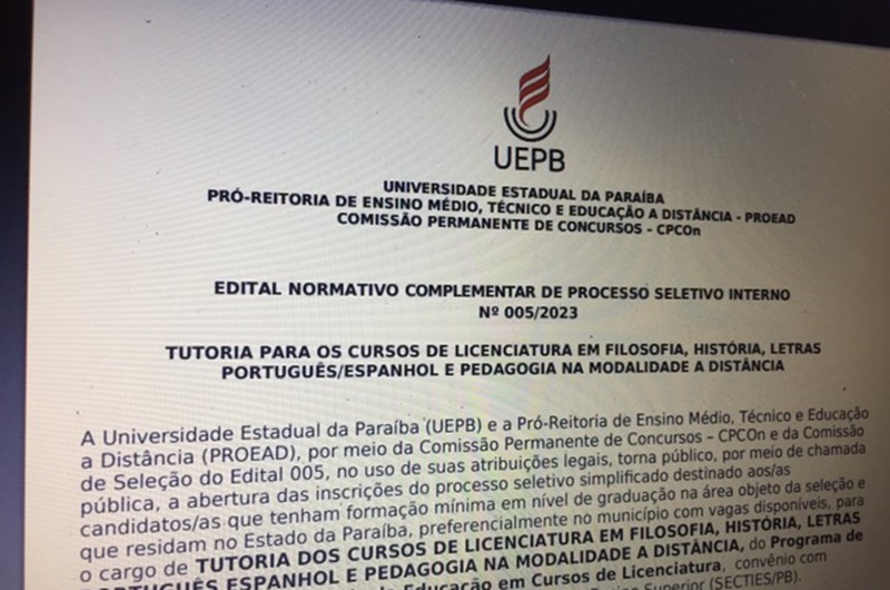 UEPB abre processo seletivo para vagas de tutores nos municípios de Itaporanga e Piancó